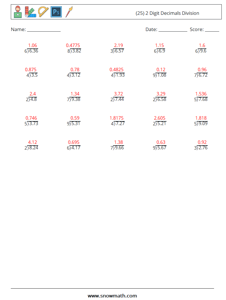 (25) 2 Digit Decimals Division Math Worksheets 3 Question, Answer