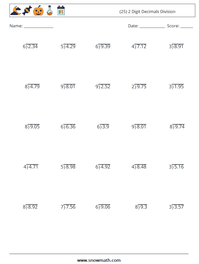 (25) 2 Digit Decimals Division Maths Worksheets 4