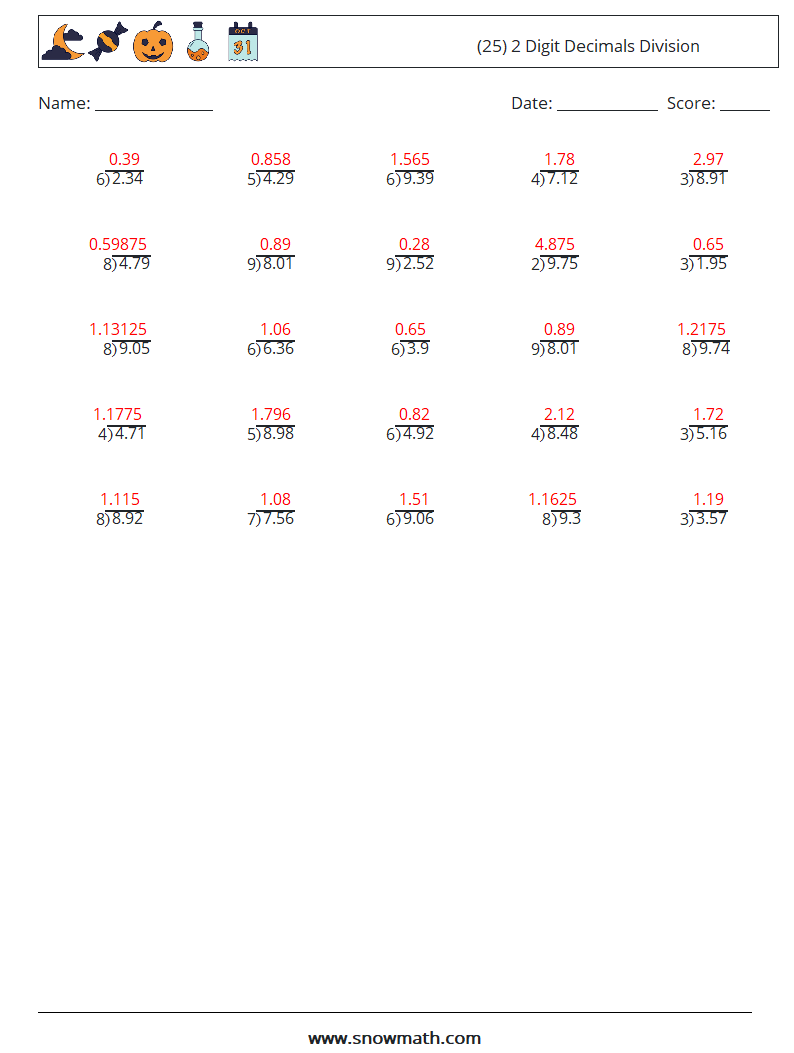 (25) 2 Digit Decimals Division Math Worksheets 4 Question, Answer