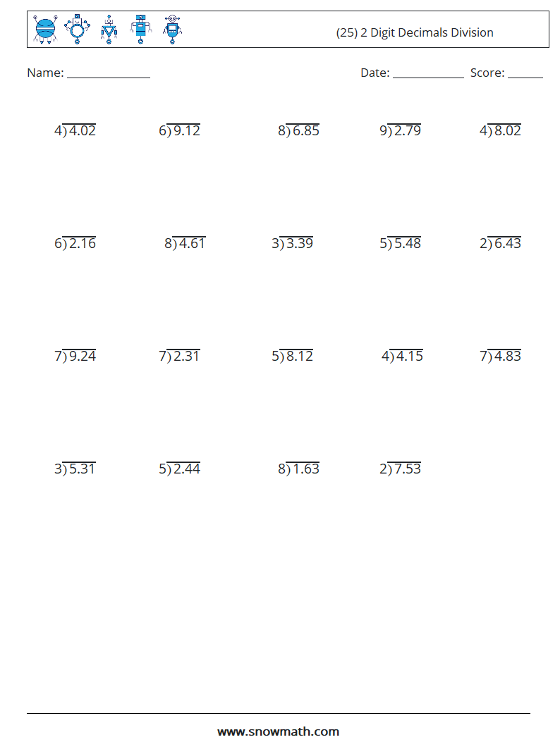 (25) 2 Digit Decimals Division Maths Worksheets 5