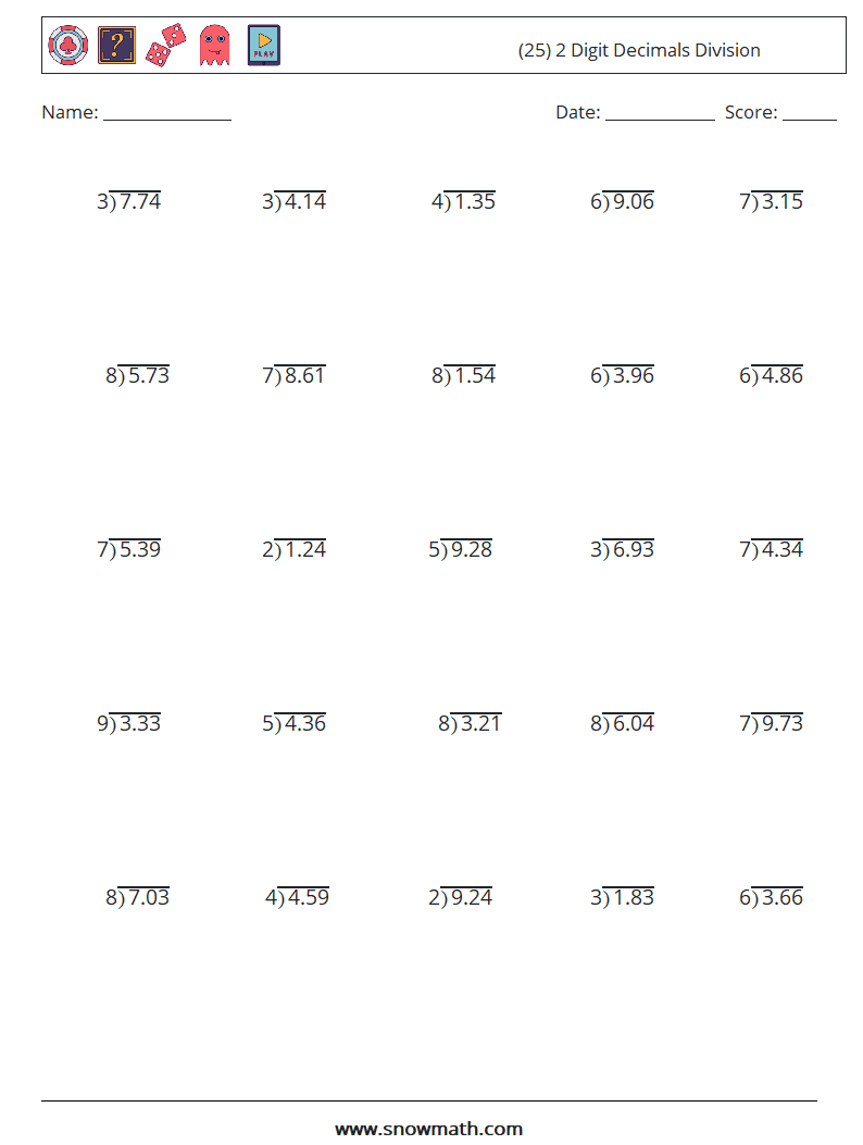 (25) 2 Digit Decimals Division Maths Worksheets 6