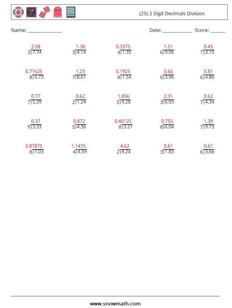 (25) 2 Digit Decimals Division Math Worksheets 6 Question, Answer