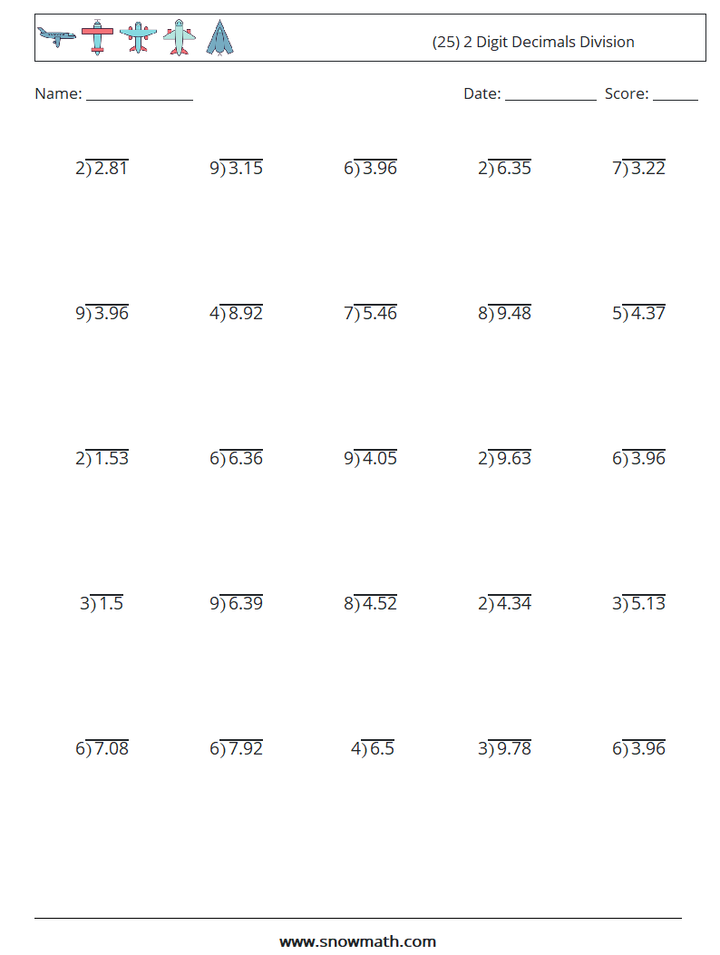 (25) 2 Digit Decimals Division Math Worksheets 7