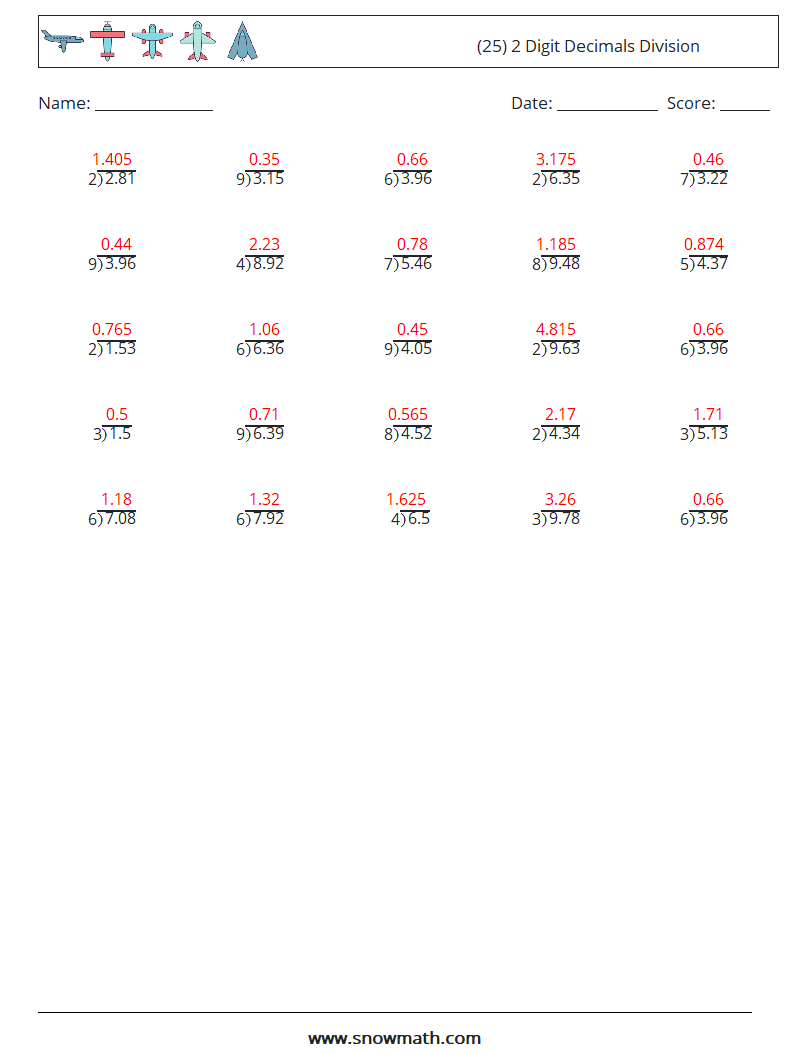 (25) 2 Digit Decimals Division Math Worksheets 7 Question, Answer