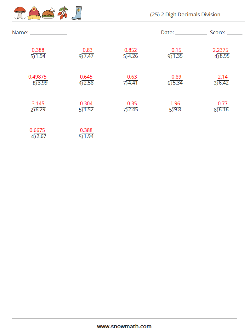 (25) 2 Digit Decimals Division Math Worksheets 8 Question, Answer