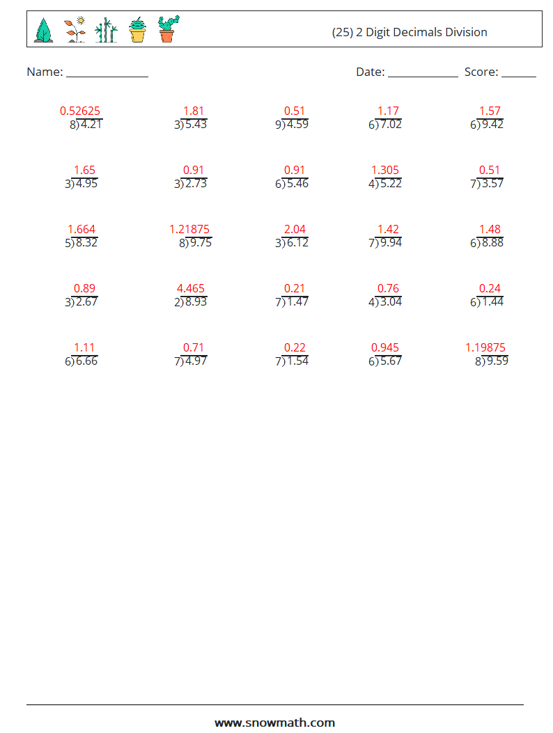 (25) 2 Digit Decimals Division Math Worksheets 9 Question, Answer