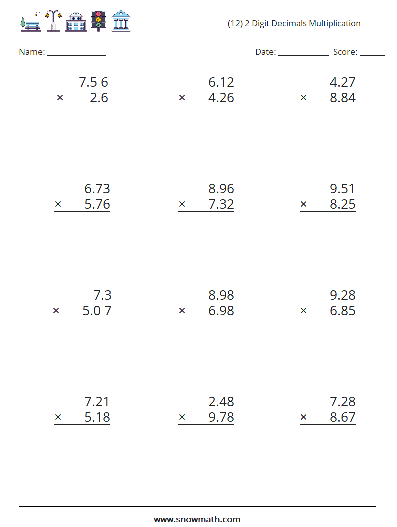 (12) 2 Digit Decimals Multiplication Maths Worksheets 1