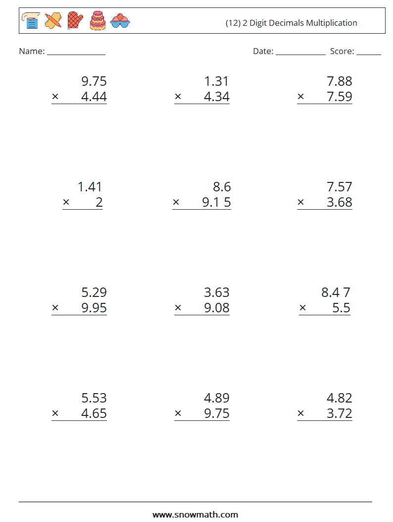 (12) 2 Digit Decimals Multiplication Math Worksheets 10