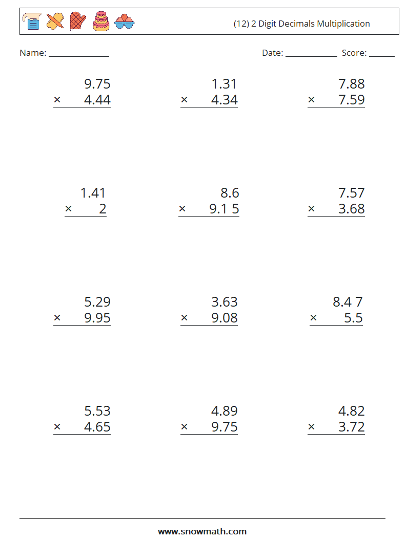 (12) 2 Digit Decimals Multiplication Maths Worksheets 10