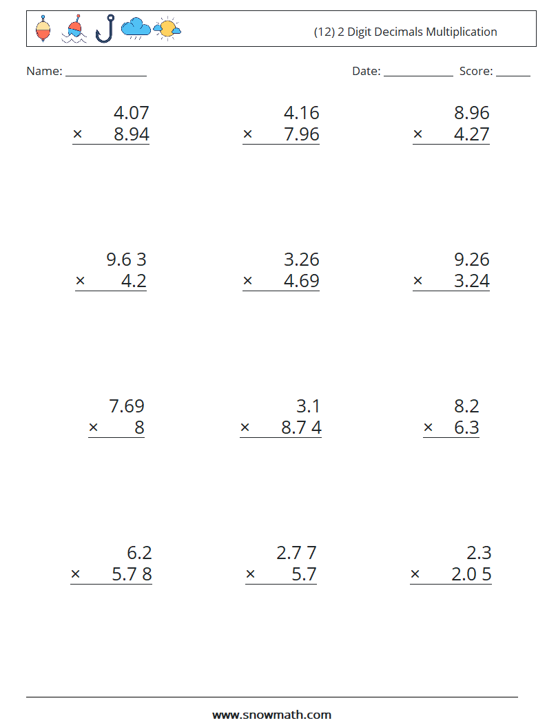 (12) 2 Digit Decimals Multiplication Math Worksheets 11