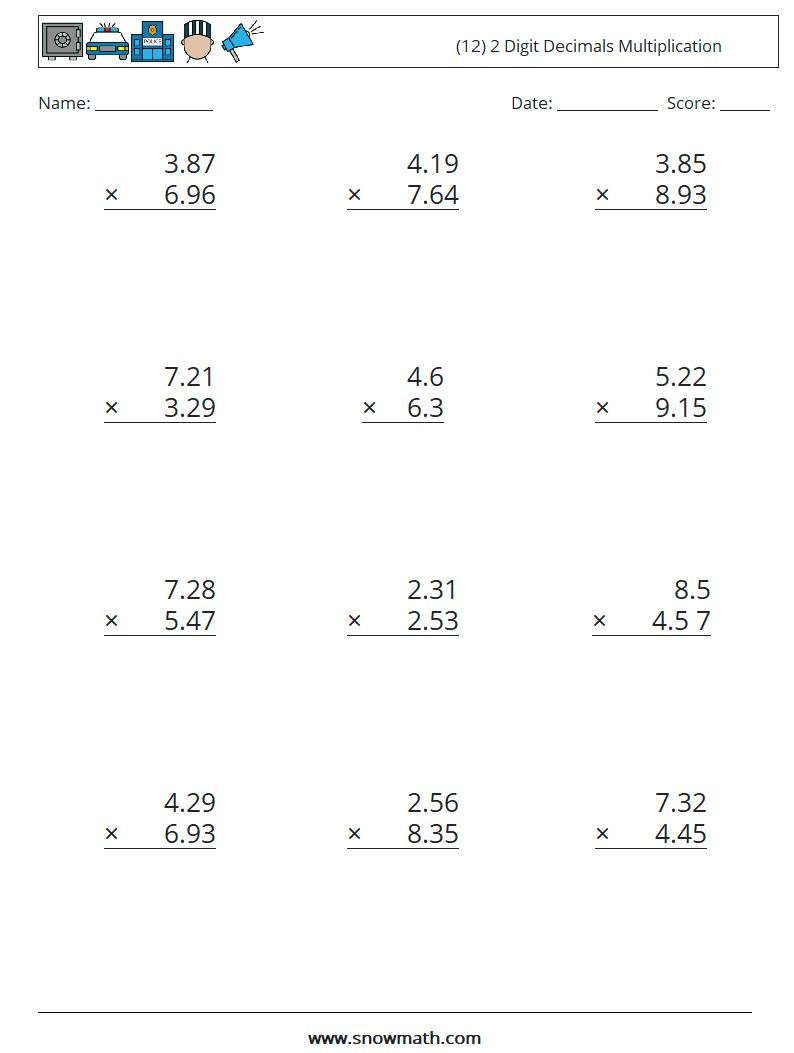 (12) 2 Digit Decimals Multiplication Math Worksheets 12