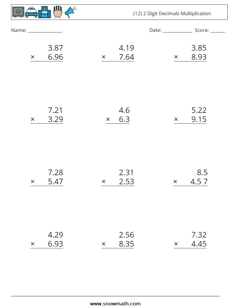 (12) 2 Digit Decimals Multiplication Maths Worksheets 12