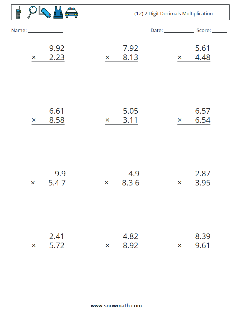 (12) 2 Digit Decimals Multiplication Math Worksheets 13