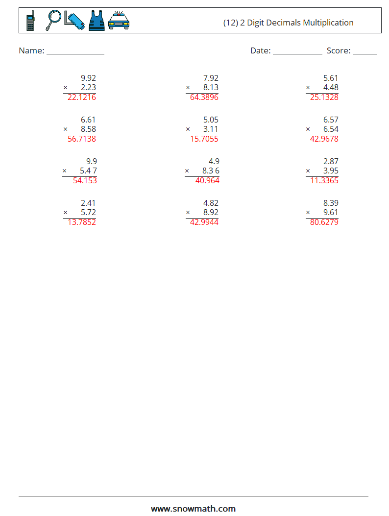 (12) 2 Digit Decimals Multiplication Math Worksheets 13 Question, Answer