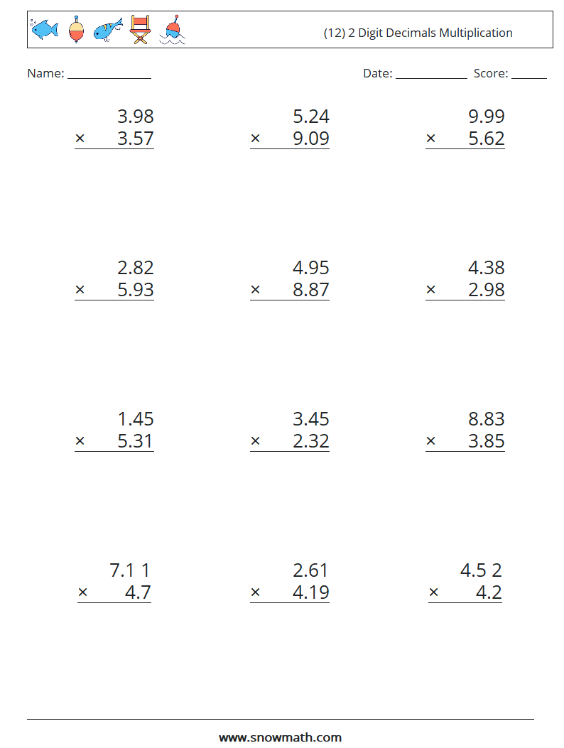 (12) 2 Digit Decimals Multiplication Math Worksheets 14