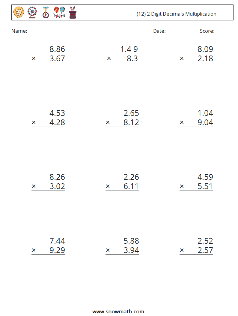 (12) 2 Digit Decimals Multiplication Math Worksheets 15