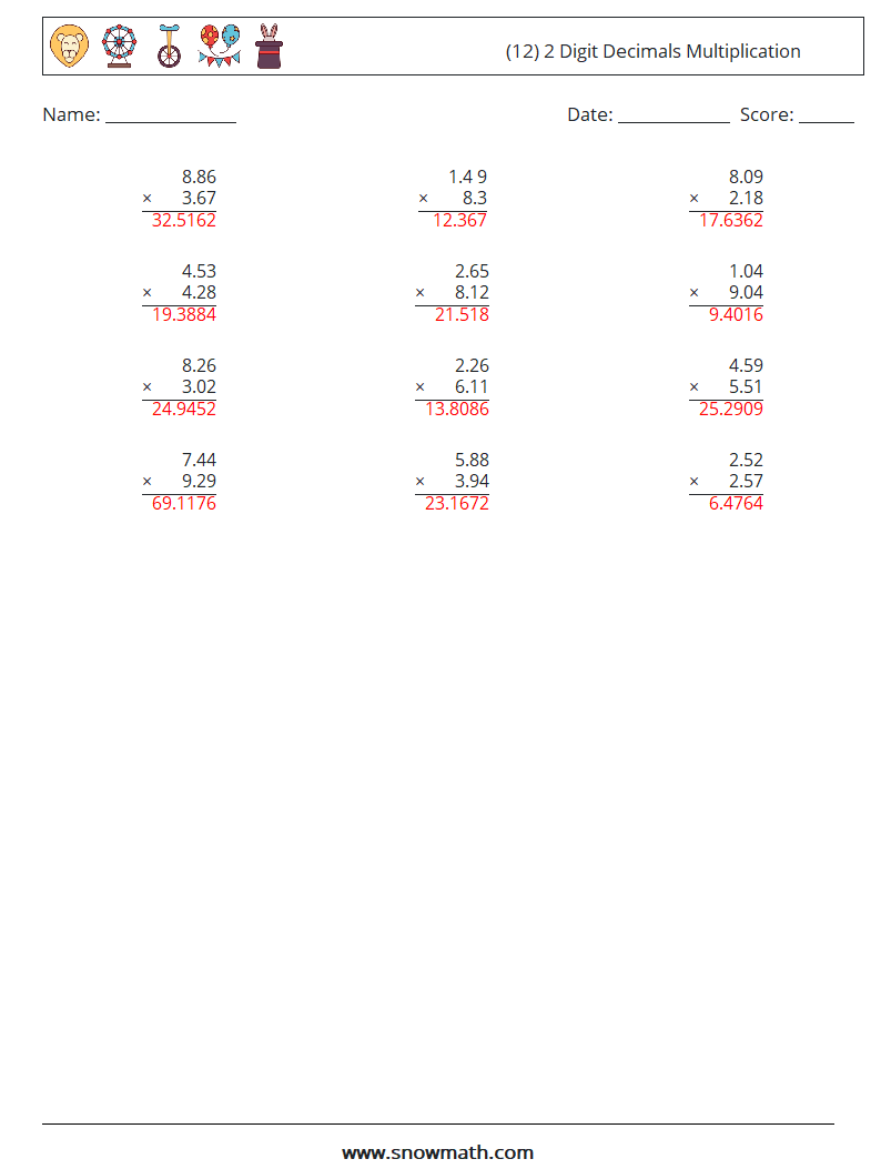 (12) 2 Digit Decimals Multiplication Math Worksheets 15 Question, Answer