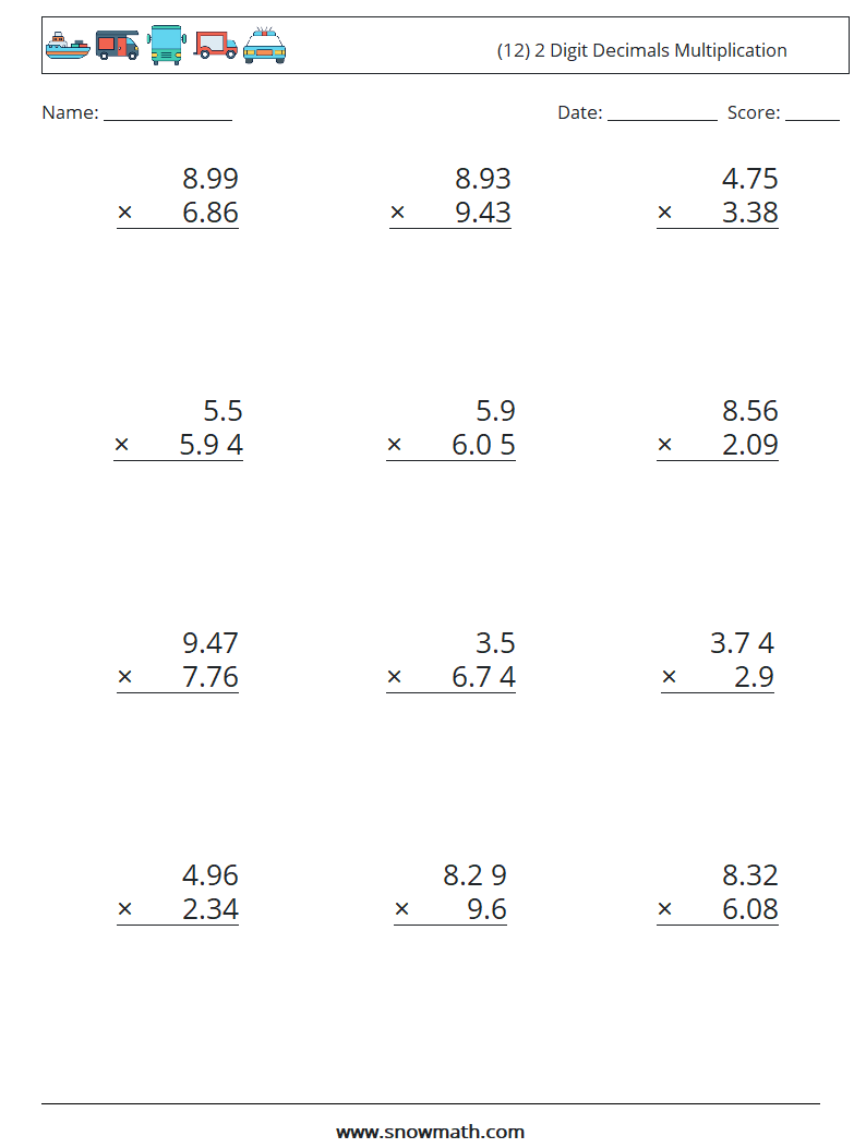 (12) 2 Digit Decimals Multiplication Maths Worksheets 17