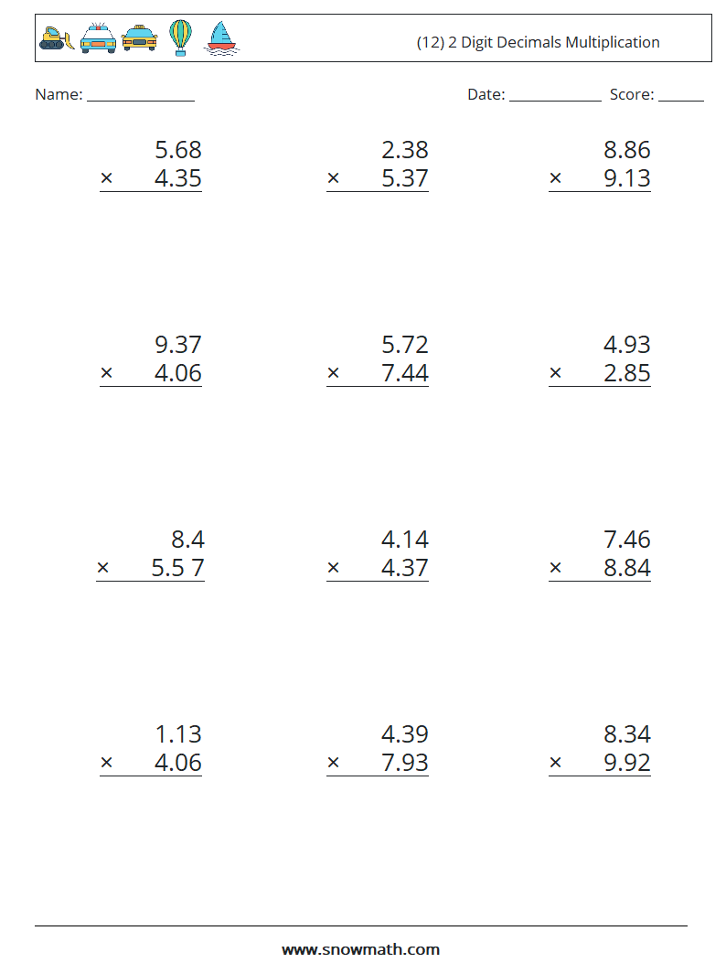 (12) 2 Digit Decimals Multiplication Maths Worksheets 18