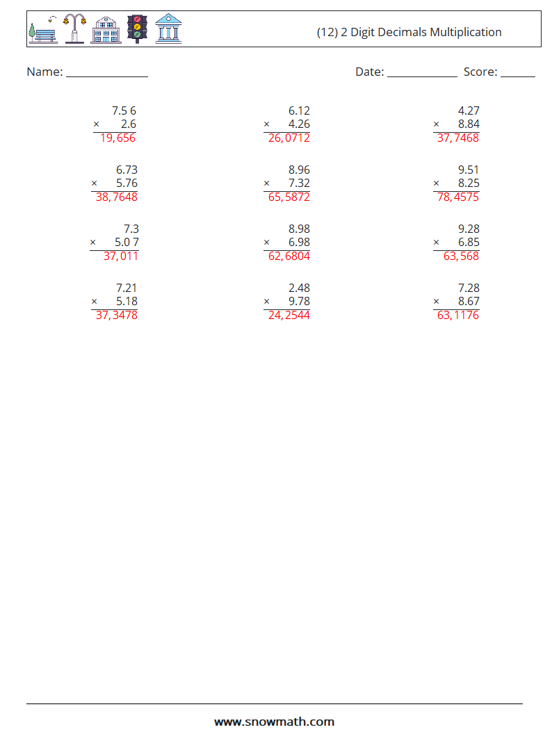 (12) 2 Digit Decimals Multiplication Math Worksheets 1 Question, Answer