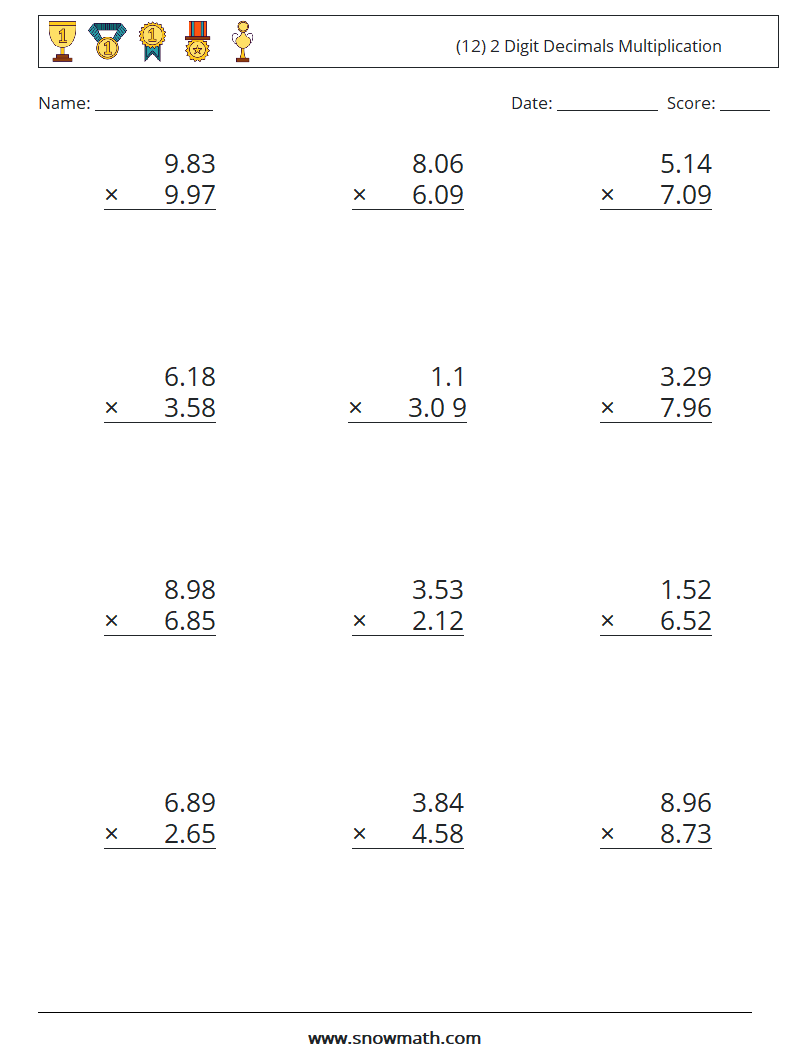 (12) 2 Digit Decimals Multiplication Maths Worksheets 2