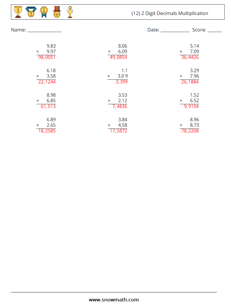 (12) 2 Digit Decimals Multiplication Math Worksheets 2 Question, Answer