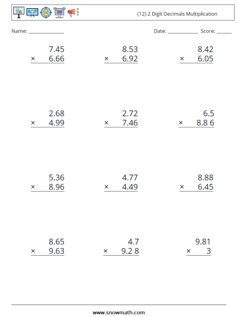 (12) 2 Digit Decimals Multiplication Math Worksheets 3