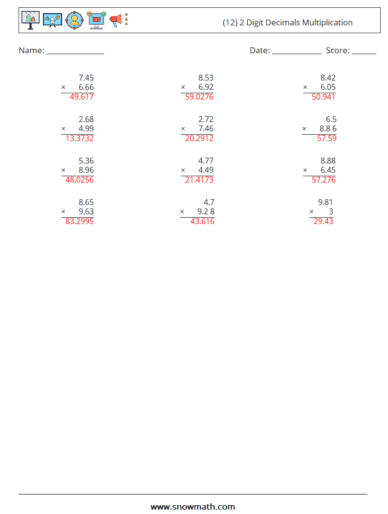 (12) 2 Digit Decimals Multiplication Math Worksheets 3 Question, Answer