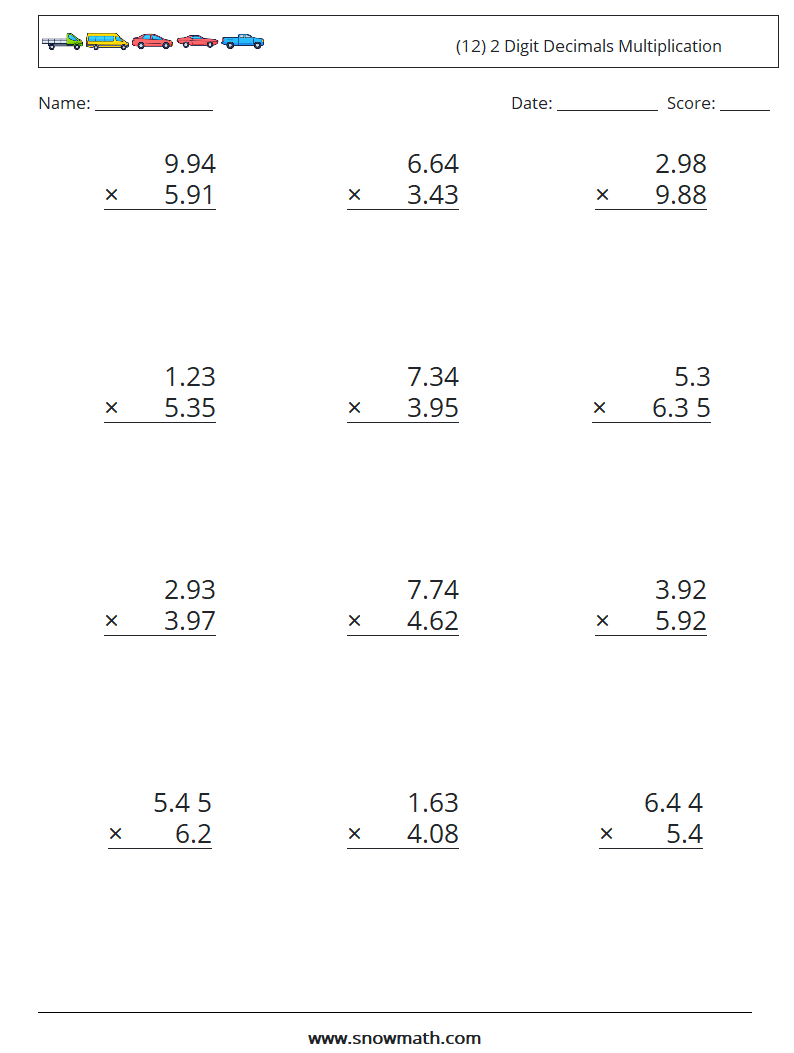 (12) 2 Digit Decimals Multiplication Maths Worksheets 4