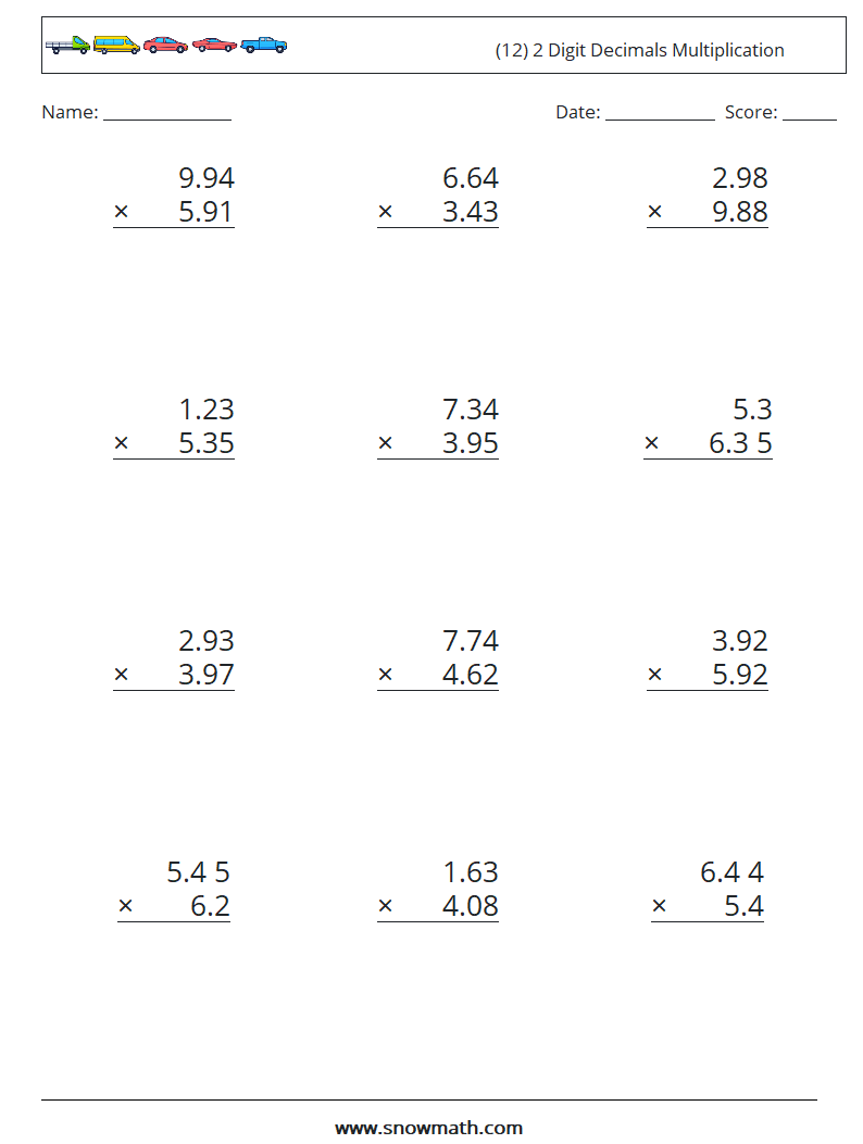 (12) 2 Digit Decimals Multiplication Math Worksheets 4