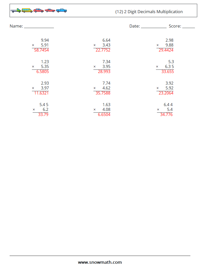 (12) 2 Digit Decimals Multiplication Math Worksheets 4 Question, Answer