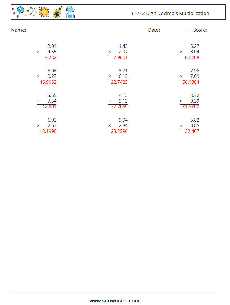 (12) 2 Digit Decimals Multiplication Math Worksheets 5 Question, Answer