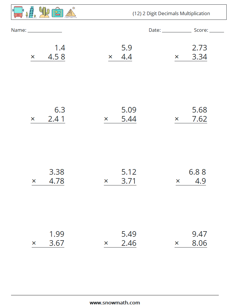 (12) 2 Digit Decimals Multiplication Math Worksheets 6