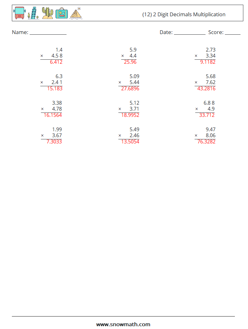 (12) 2 Digit Decimals Multiplication Math Worksheets 6 Question, Answer