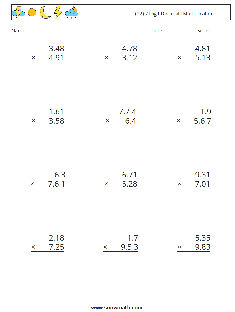 (12) 2 Digit Decimals Multiplication Math Worksheets 7