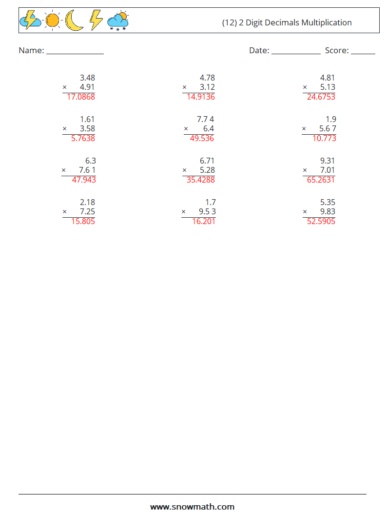 (12) 2 Digit Decimals Multiplication Math Worksheets 7 Question, Answer