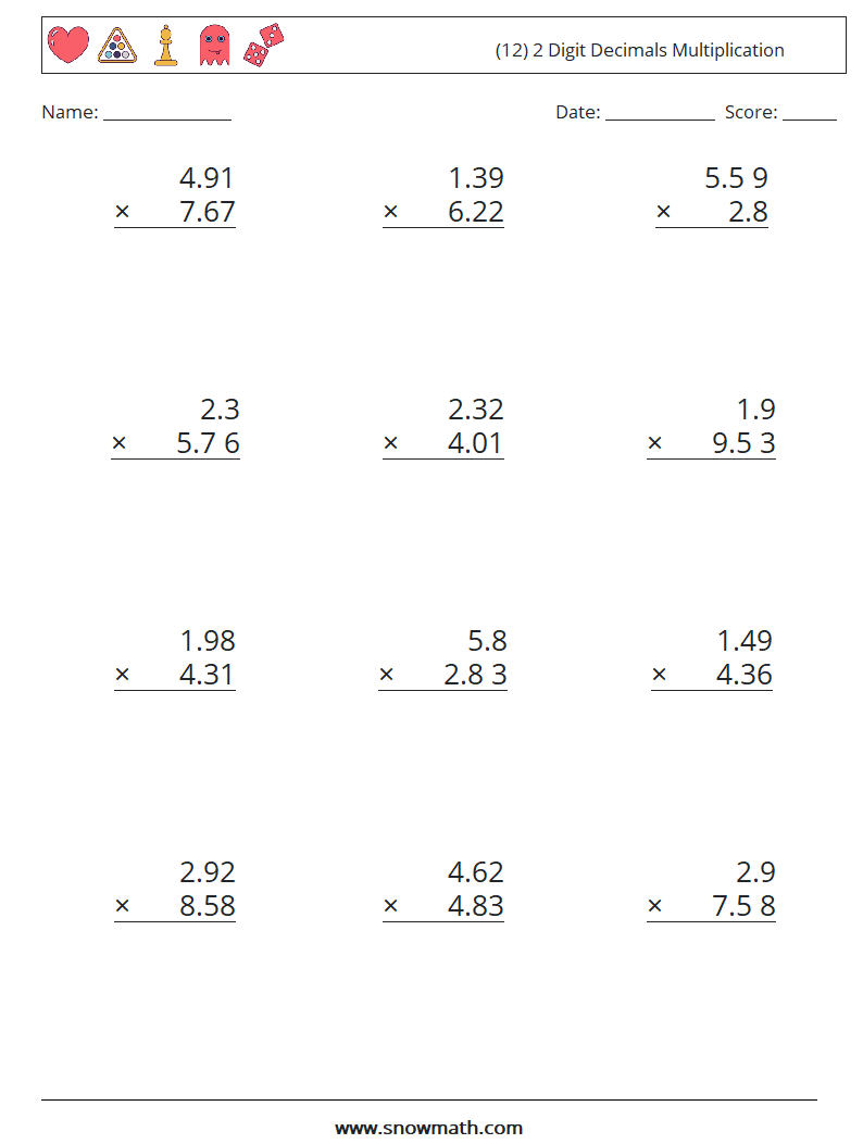 (12) 2 Digit Decimals Multiplication Maths Worksheets 8