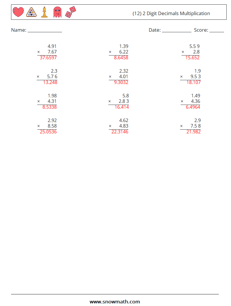 (12) 2 Digit Decimals Multiplication Math Worksheets 8 Question, Answer