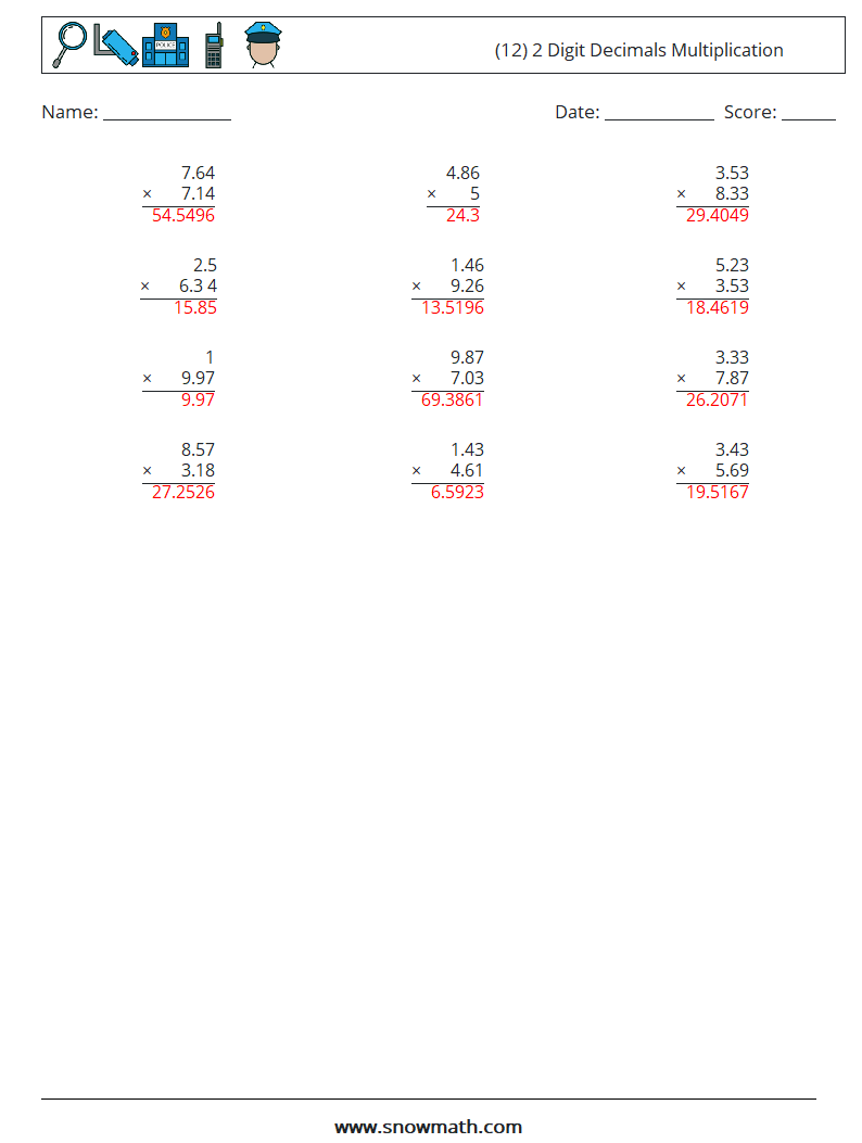 (12) 2 Digit Decimals Multiplication Math Worksheets 9 Question, Answer