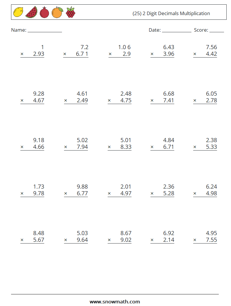 (25) 2 Digit Decimals Multiplication Maths Worksheets 1