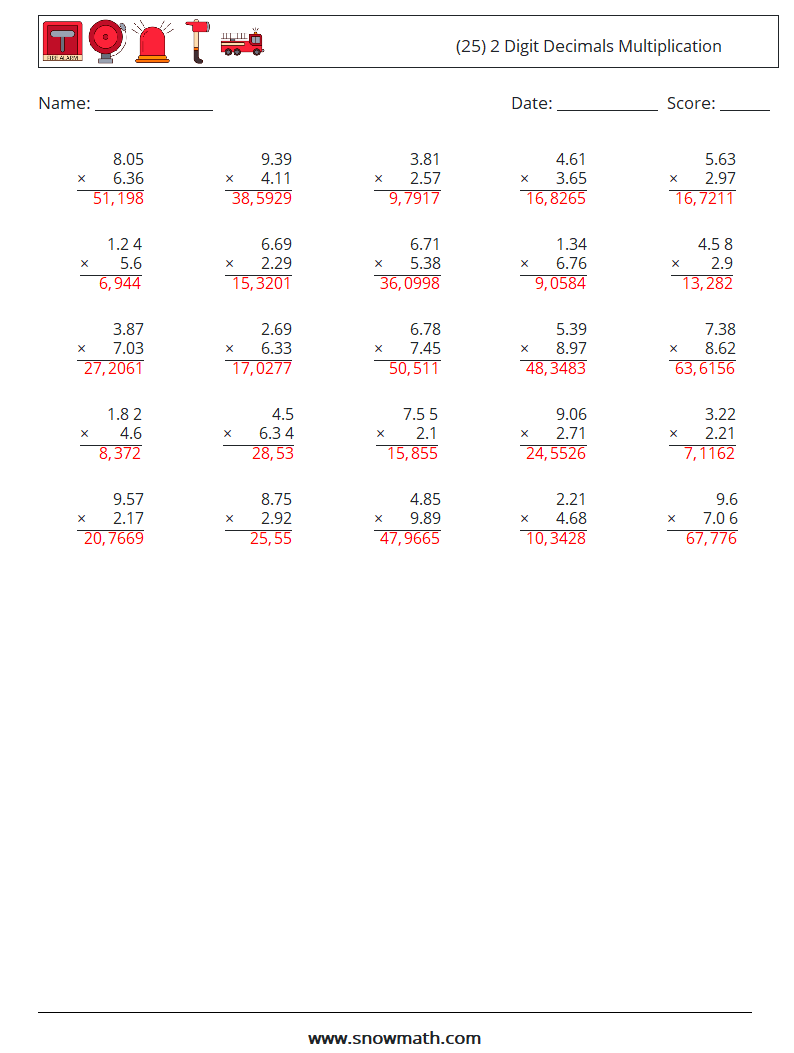 (25) 2 Digit Decimals Multiplication Math Worksheets 10 Question, Answer
