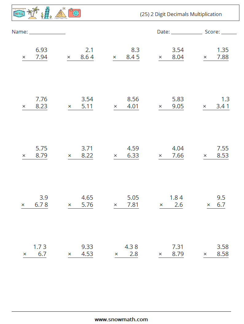 (25) 2 Digit Decimals Multiplication Math Worksheets 11