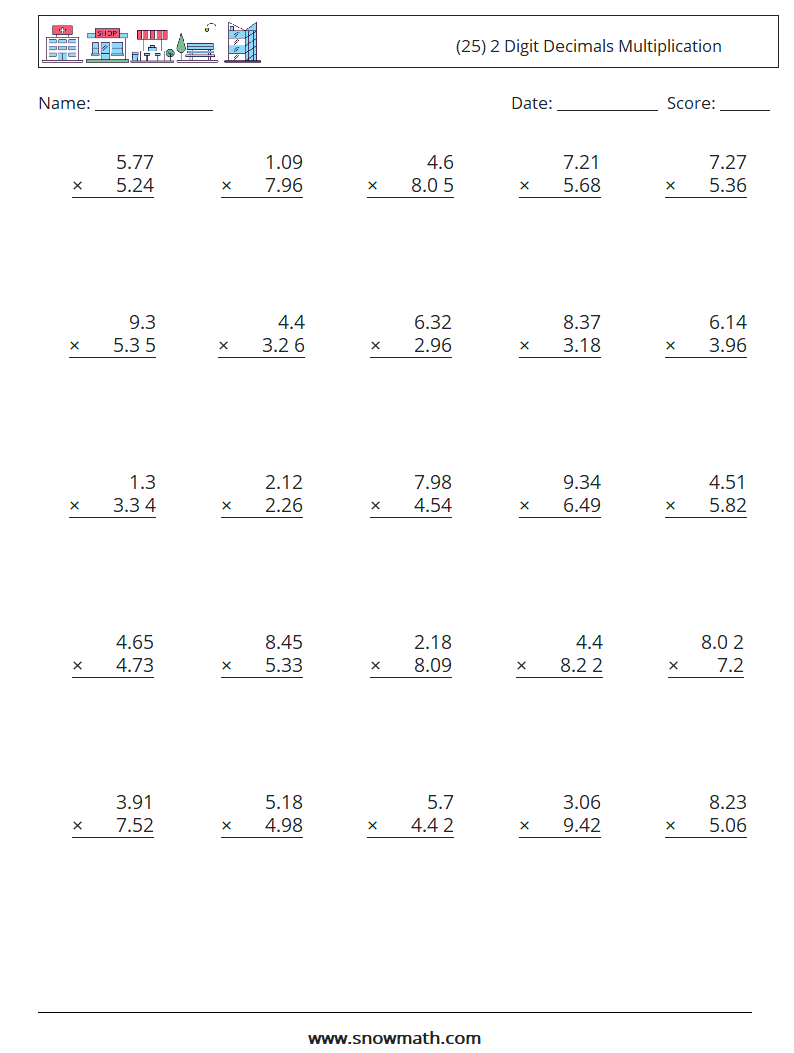 (25) 2 Digit Decimals Multiplication Math Worksheets 12