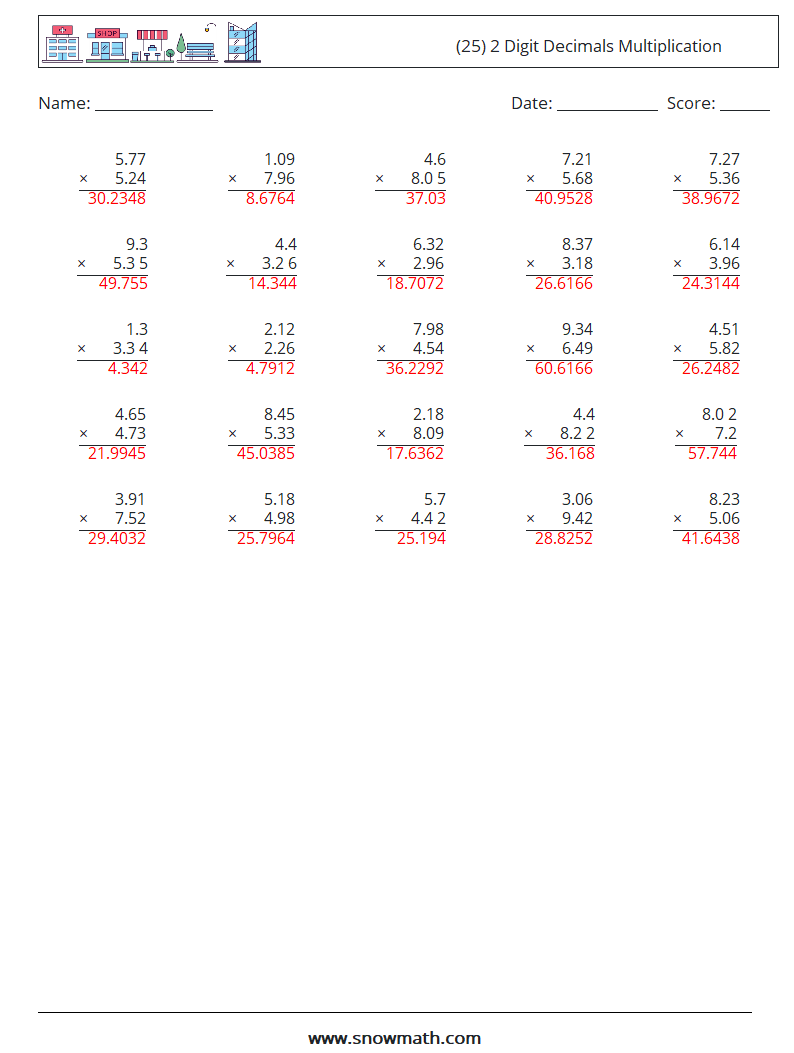 (25) 2 Digit Decimals Multiplication Math Worksheets 12 Question, Answer