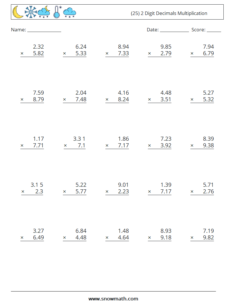 (25) 2 Digit Decimals Multiplication Maths Worksheets 13
