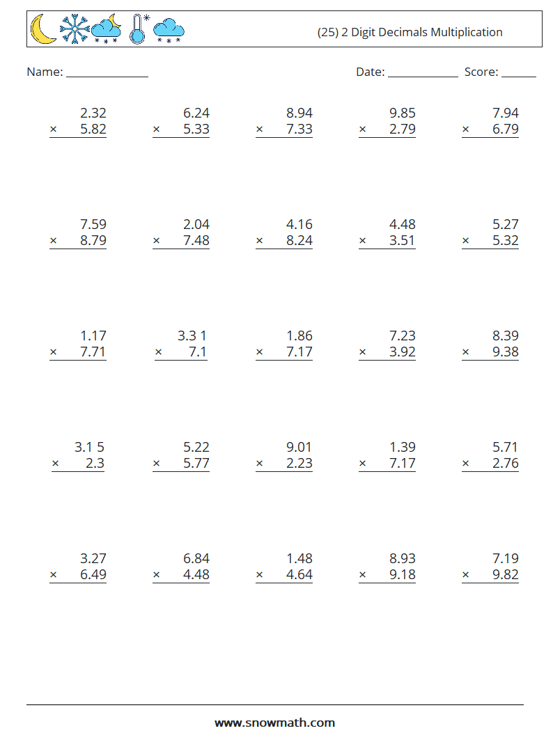 (25) 2 Digit Decimals Multiplication Math Worksheets 13