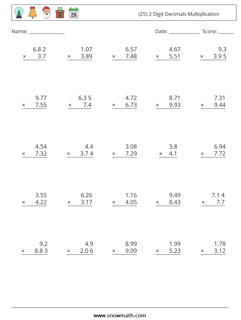 (25) 2 Digit Decimals Multiplication Maths Worksheets 14