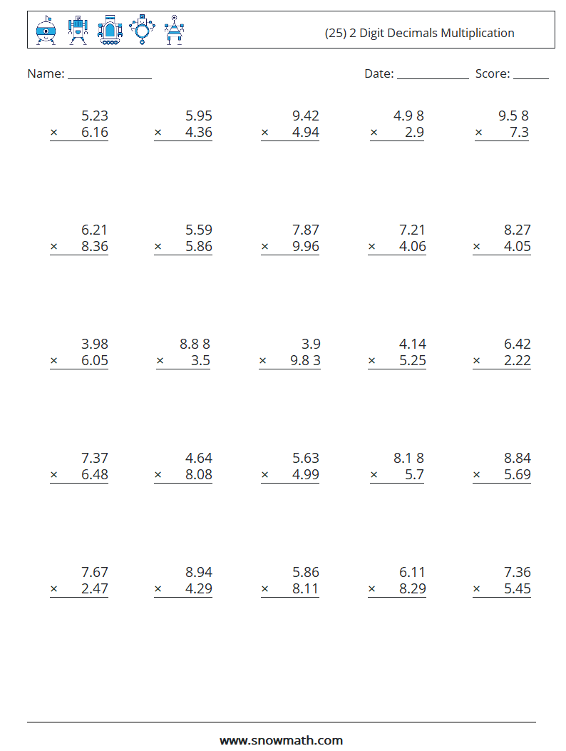 (25) 2 Digit Decimals Multiplication Maths Worksheets 15