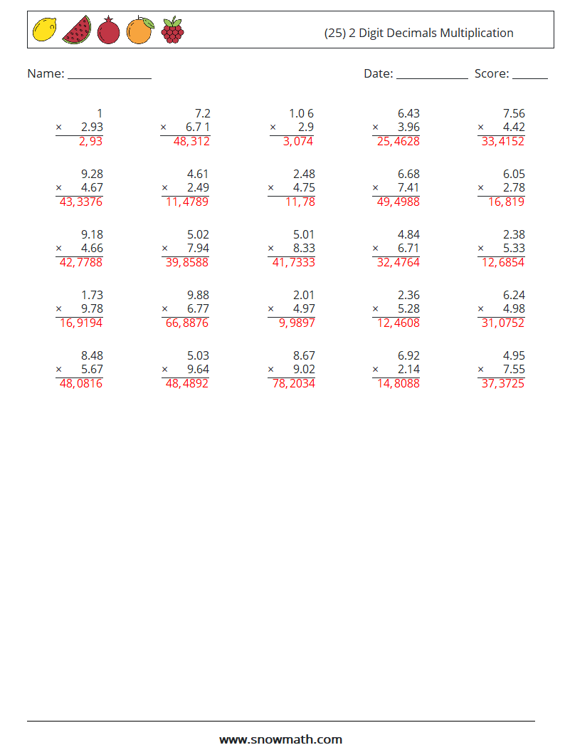 (25) 2 Digit Decimals Multiplication Math Worksheets 1 Question, Answer