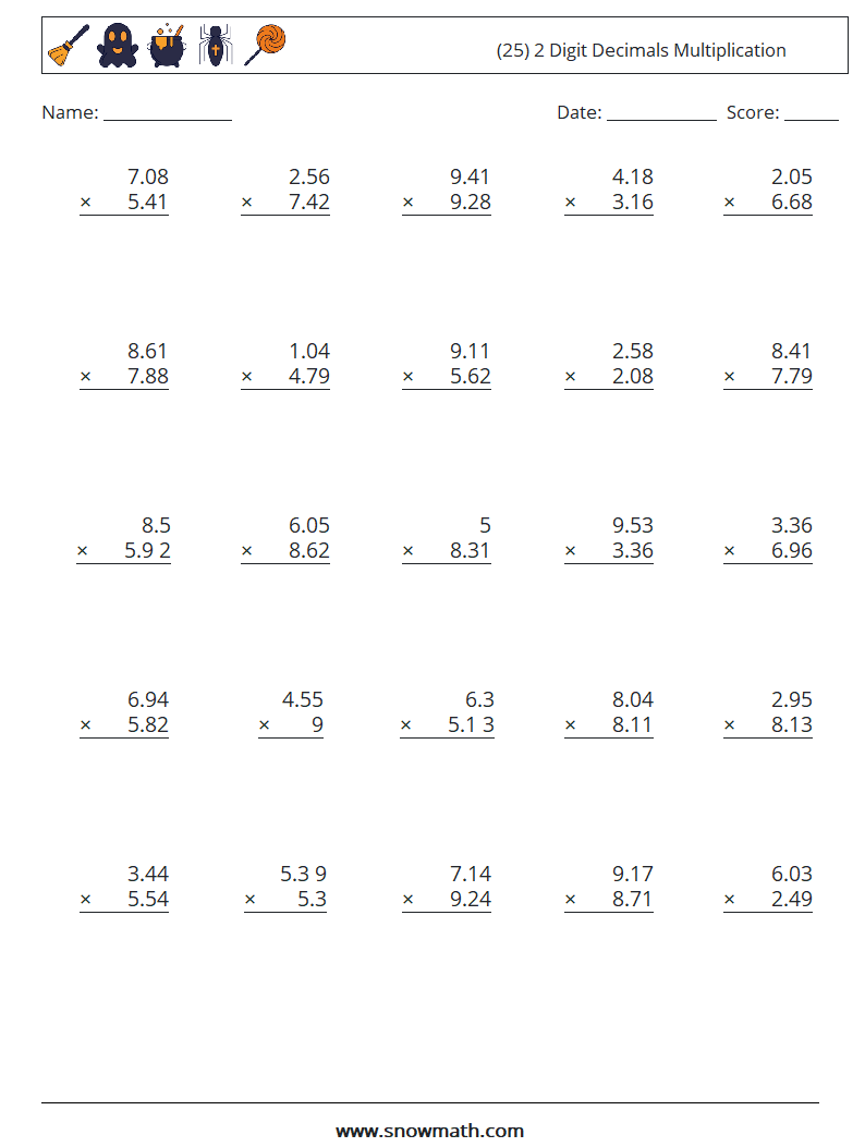 (25) 2 Digit Decimals Multiplication Math Worksheets 2